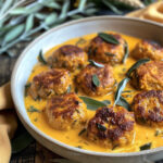 Pumpkin Chicken Meatballs in Sage Cream Sauce taken with iphone 15 pro max --iw 2 --ar 4:5 --v 6.0 --raw