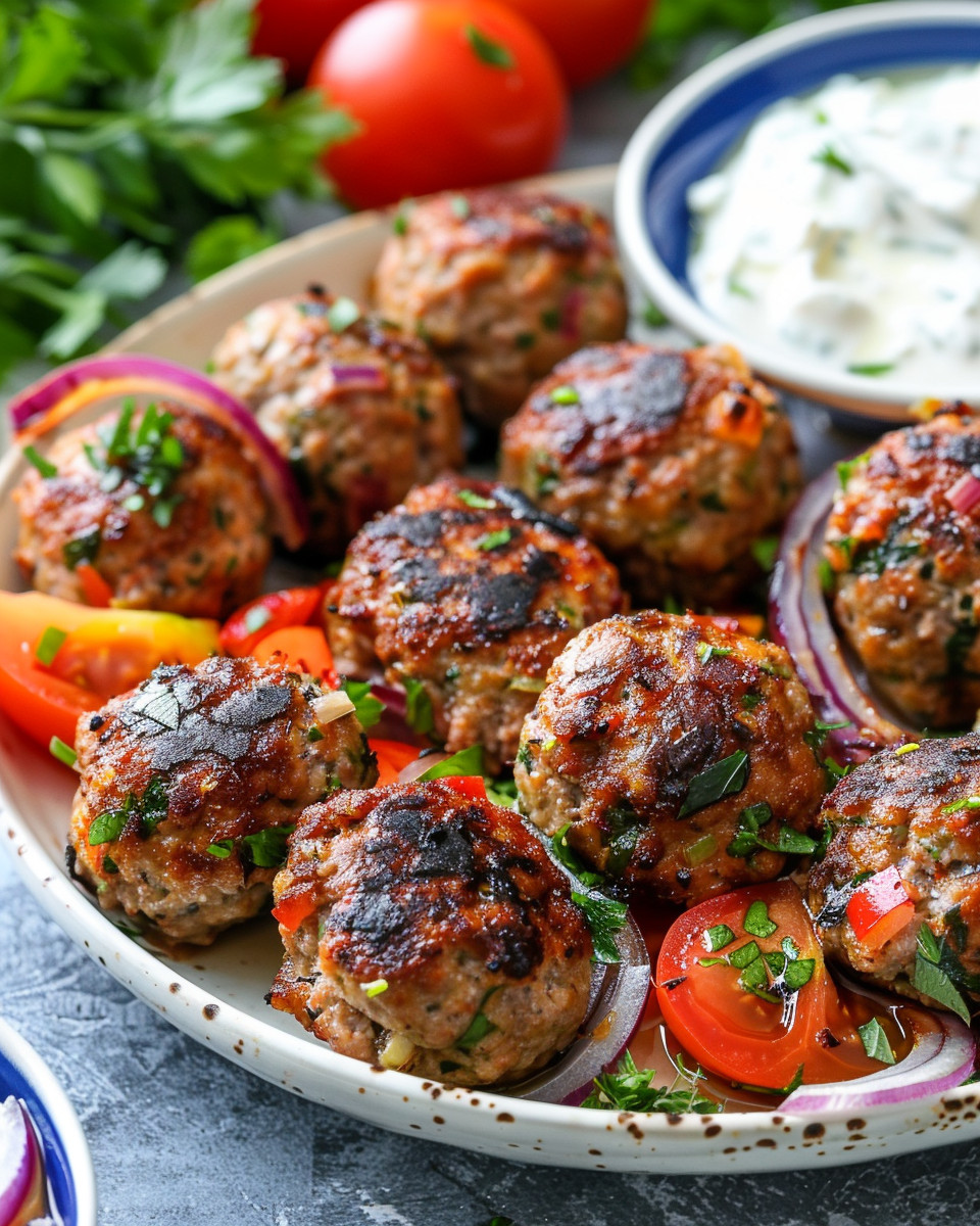 Close-up of ingredients and herbs for Greek turkey meatballs