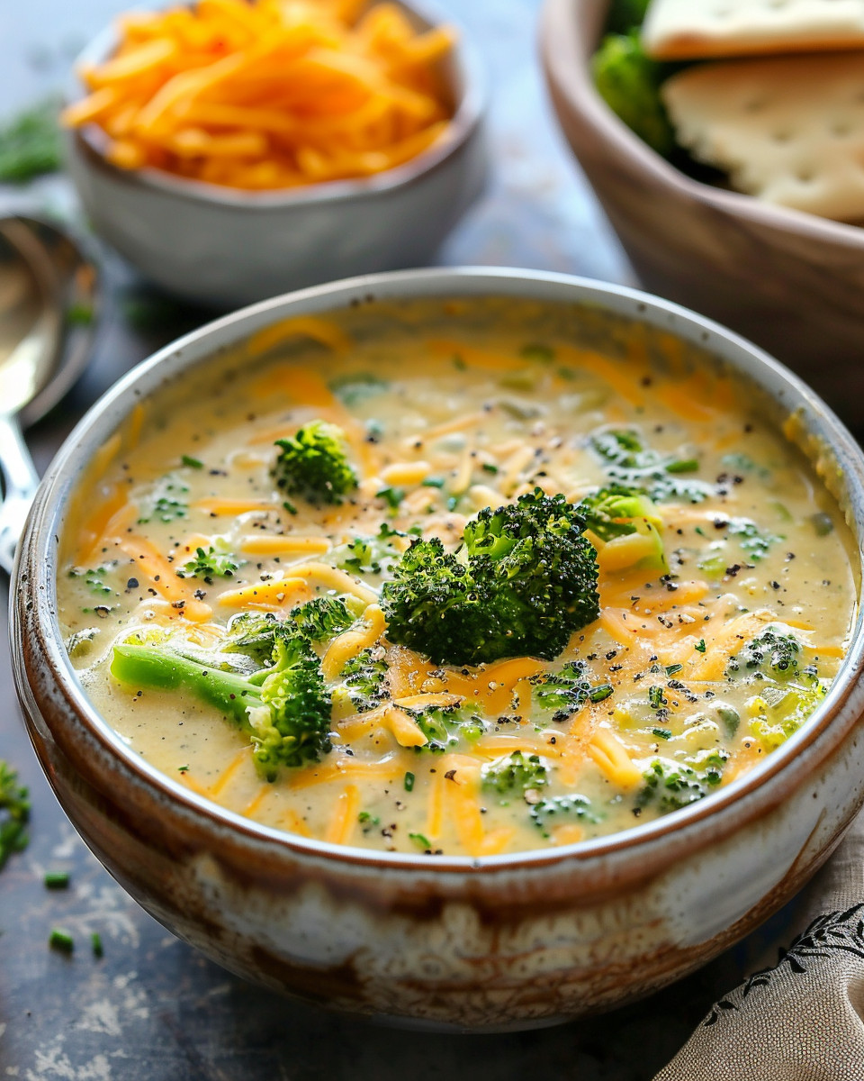 Slow cooker broccoli cheese soup served in a bowl with melted cheddar and herbs