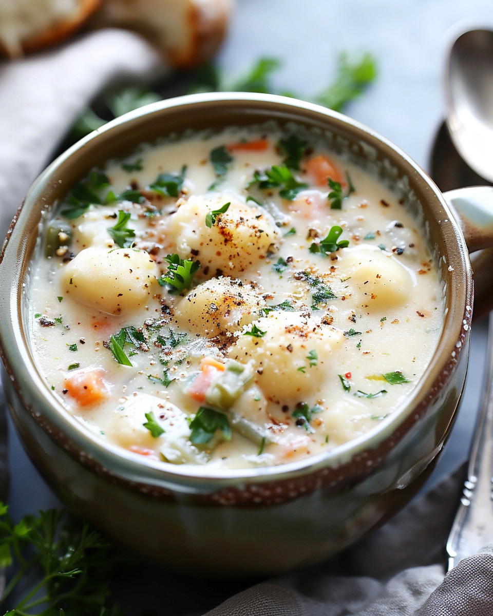 Bowl of slow cooker creamy gnocchi soup ready to serve