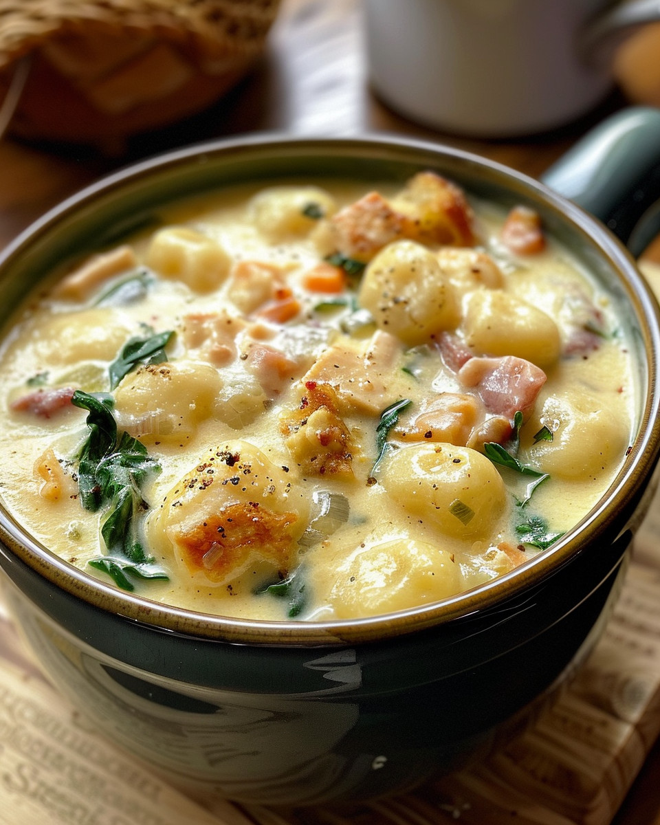 Warm slow cooker creamy gnocchi soup steaming in pot