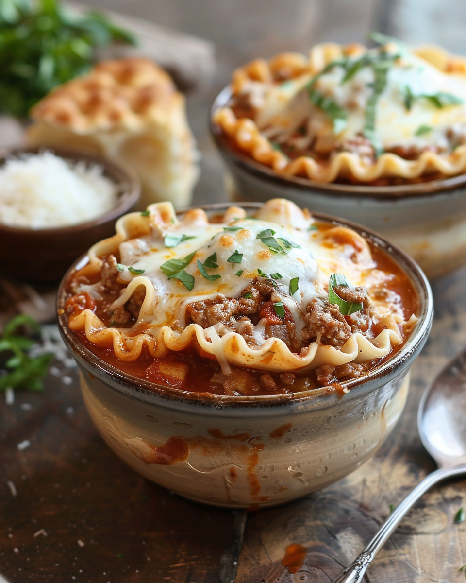 Close up of ingredients for slow cooker lasagna soup with tomatoes and herbs