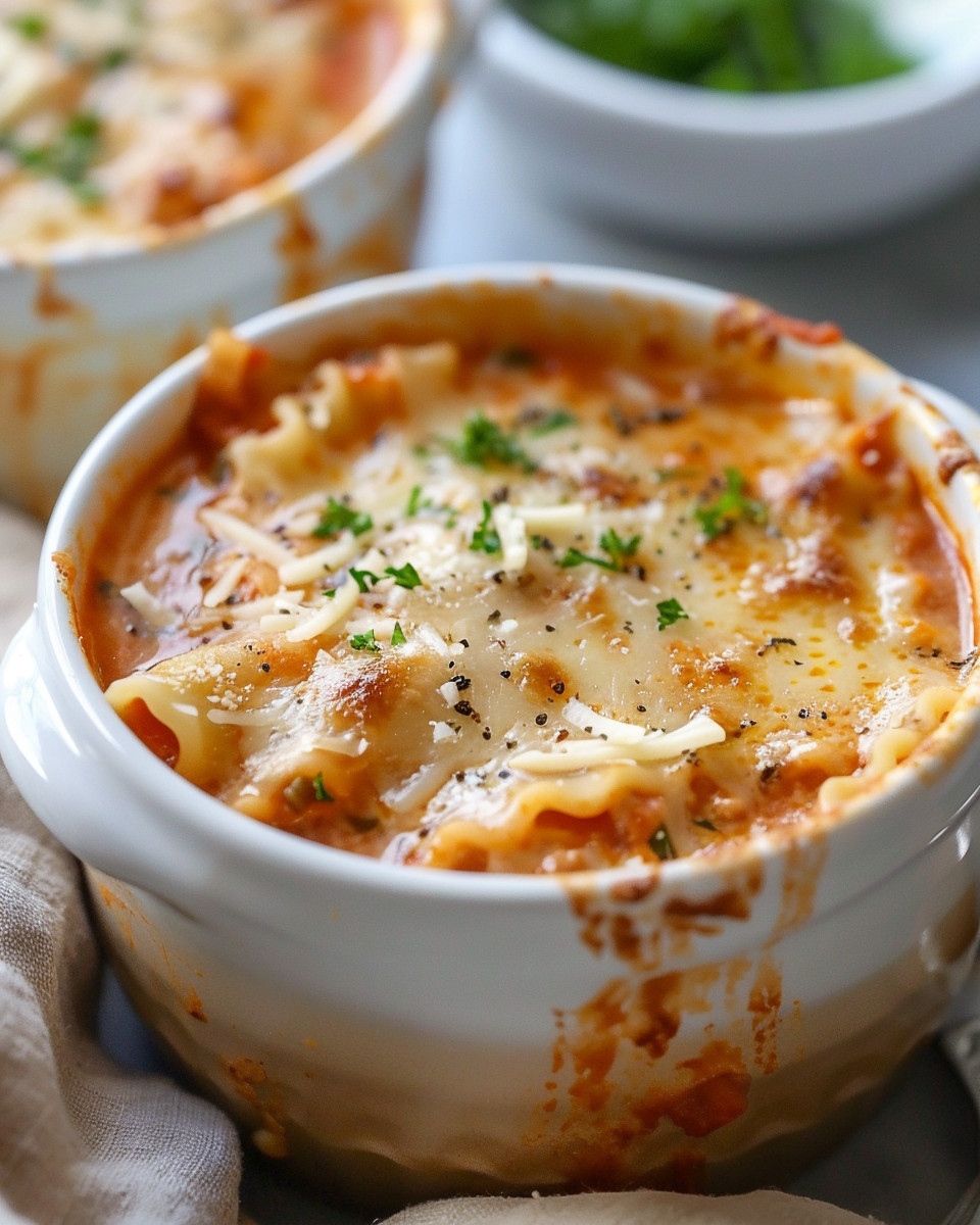 Serving bowl of slow cooker lasagna soup with cheese and parsley garnish