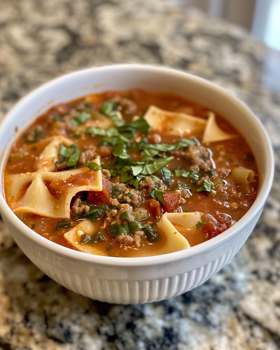Slow cooker lasagna soup bubbling in pot with steam
