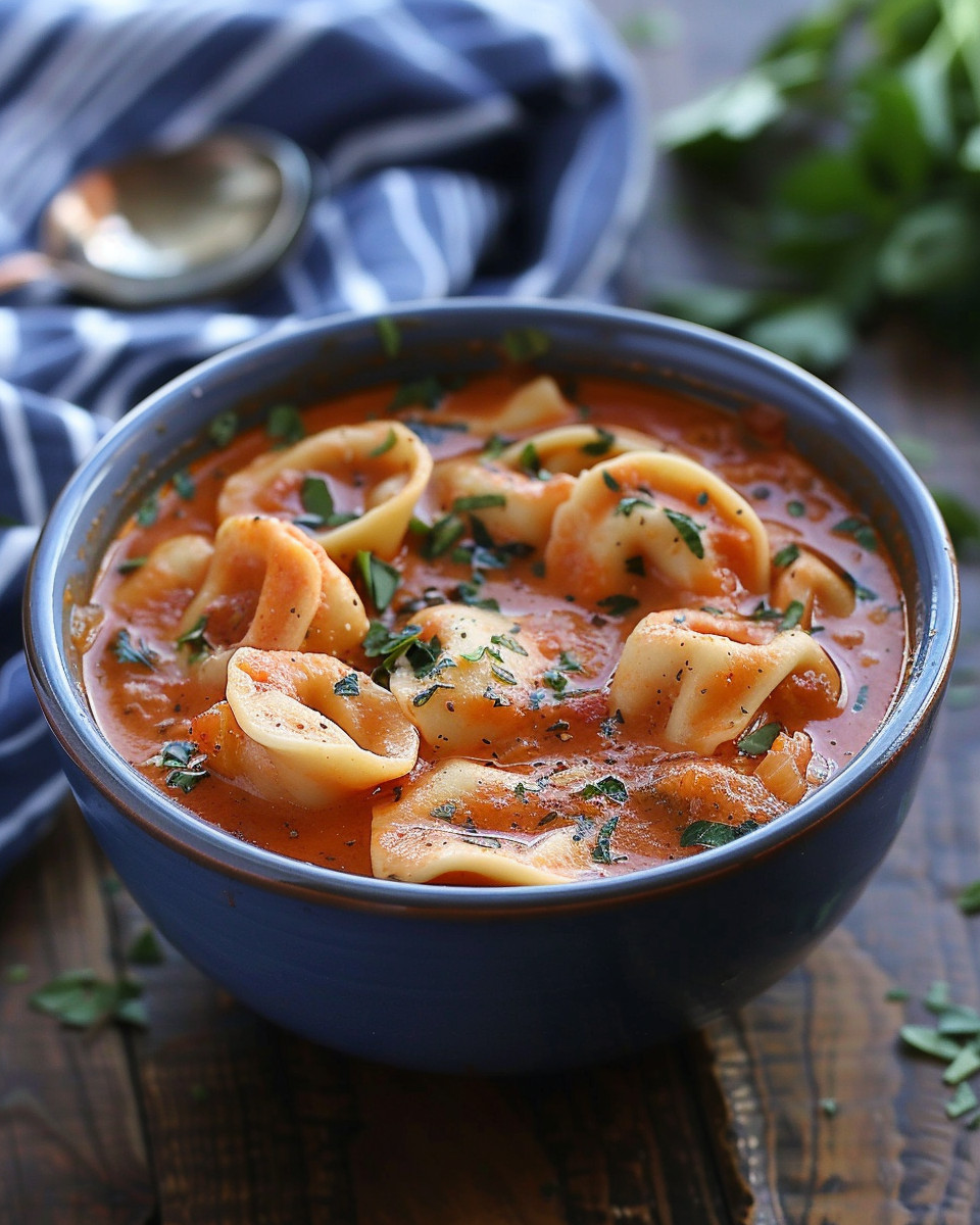 Final serving of slow cooker tomato tortellini soup showcasing creamy broth and tender sausage bits