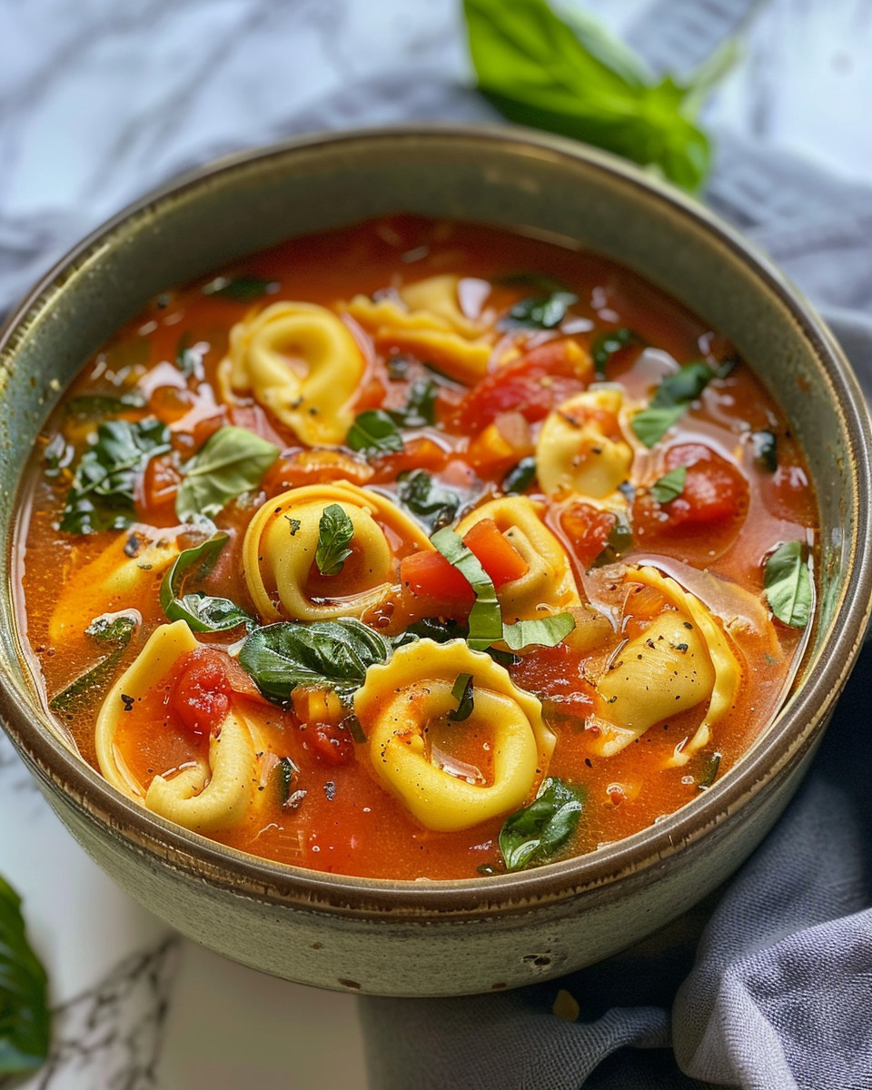 Hearty bowl of slow cooker tomato tortellini soup fresh from the pressure cooker