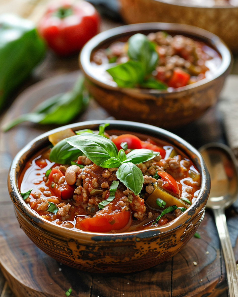 Close up of ingredients for stuffed pepper soup with fresh peppers and ground beef