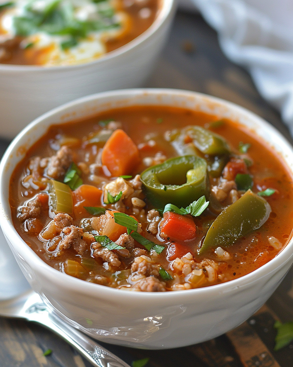 Final stuffed pepper soup served warm with cheese garnish