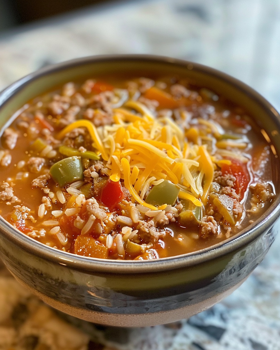 Hearty stuffed pepper soup steaming and ready in pressure cooker