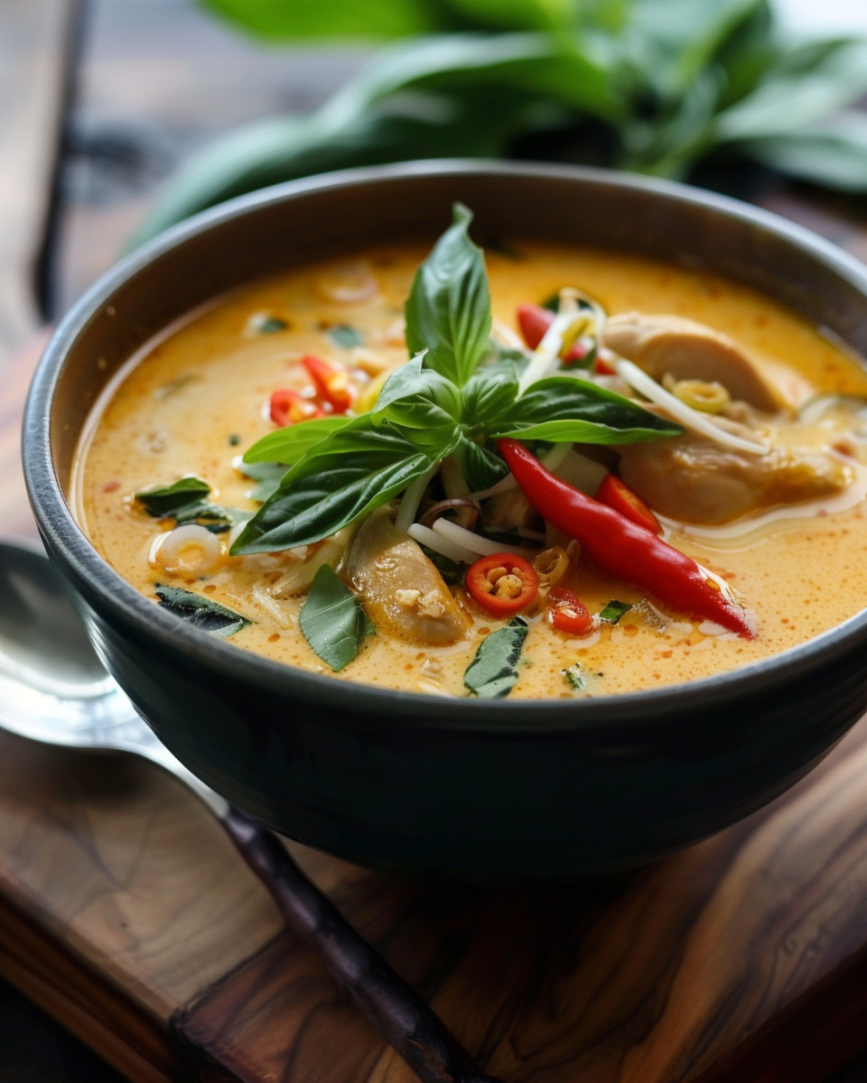 Ingredients of Tom Kha Gai soup laid out including coconut milk, herbs, chicken