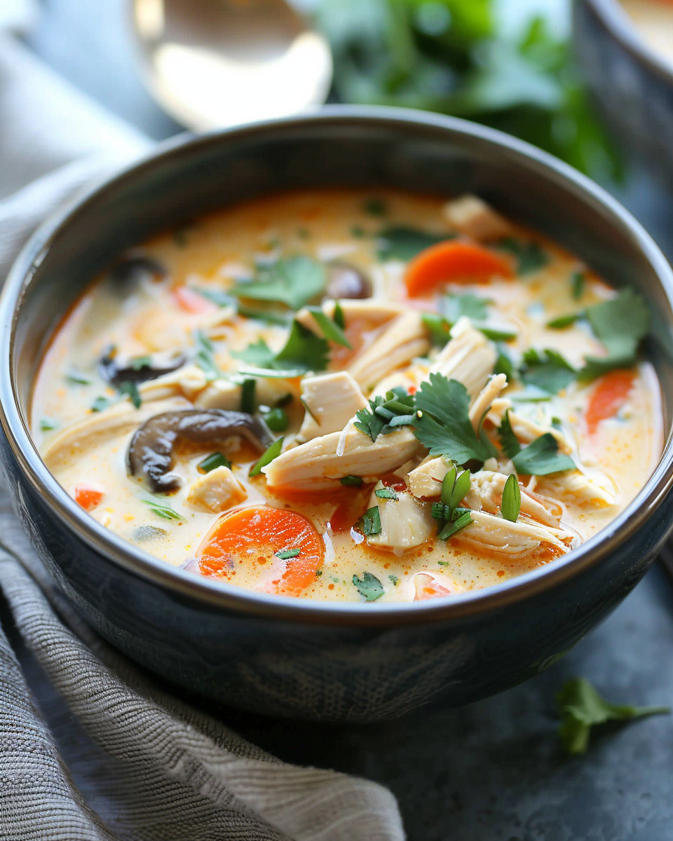 Final Tom Kha Gai soup served with fresh herbs and lime