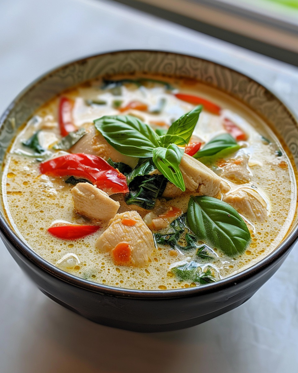 Creamy Tom Kha Gai soup in a bowl showing rich and vibrant colors