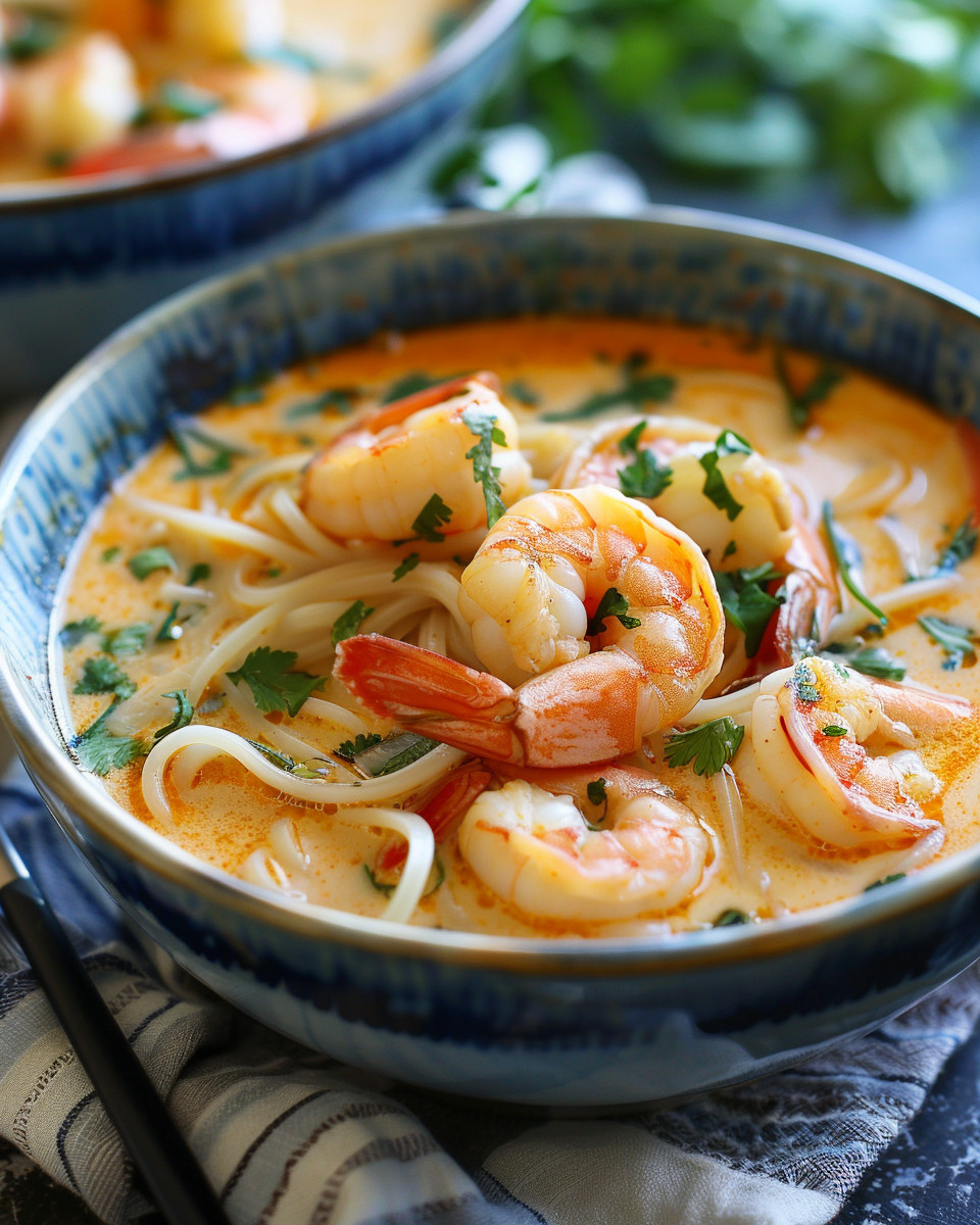 Close-up of shrimp and noodles in Thai Coconut Curry Soup