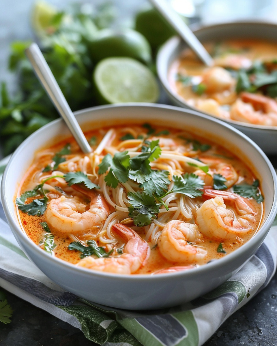 Serving bowl of Thai Coconut Curry Shrimp Noodle Soup garnished with herbs and jalapeno