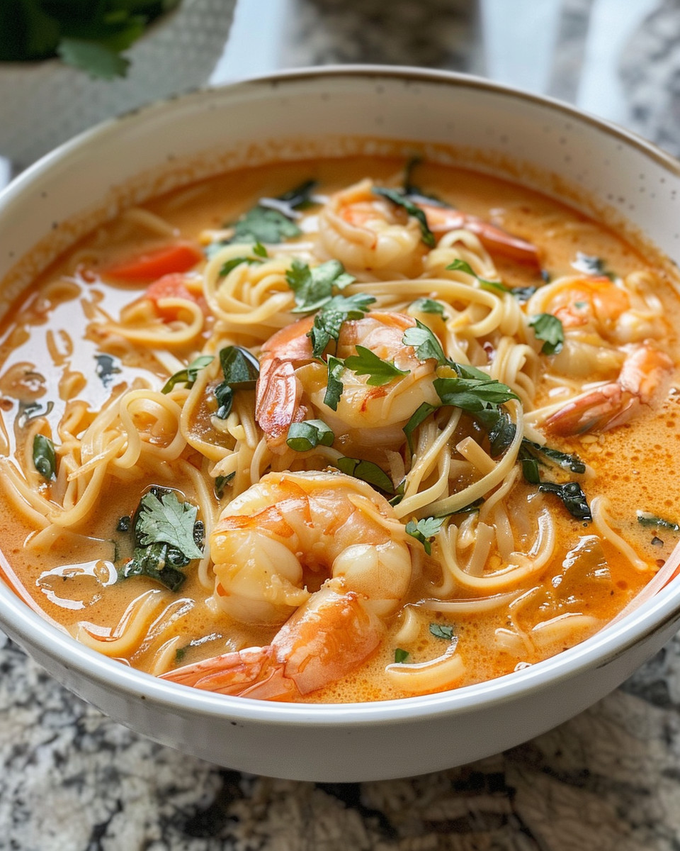 Thai Coconut Curry Shrimp Noodle Soup served in bowl