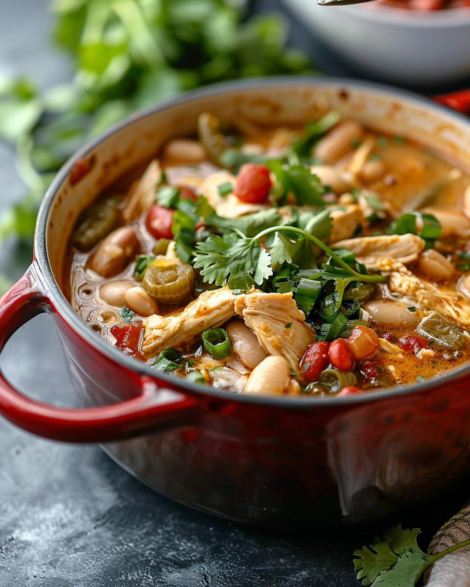 Close up detail of white bean chicken chili in pressure cooker