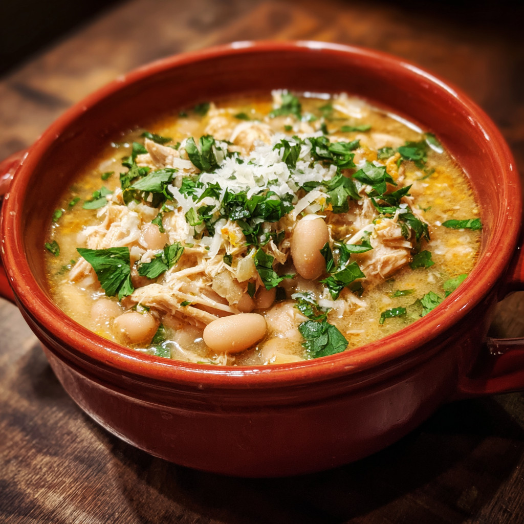 Final serving of white chicken chili garnished with avocado and tortilla chips