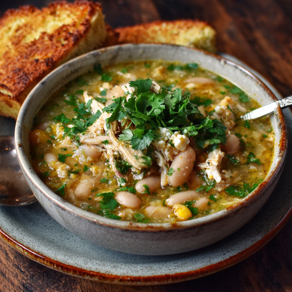Bowl of warm white chicken chili with creamy broth and spices
